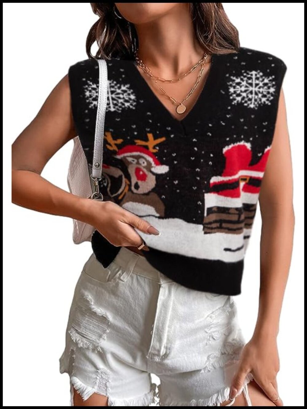 Ugly Christmas Sweater Vest Women Sleeveless Knit Reindeer Snowflake V-Neck